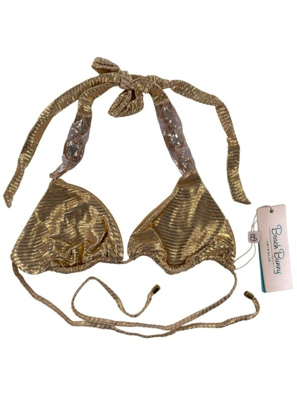Beach Bunny Raja Triangle Bikini Top Gold W/Jewels Metallic Size L MSRP$145 NEW